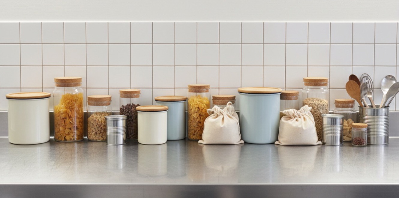 Glass pantry jars with cork stoppers on a shelf beside a set of spice tins